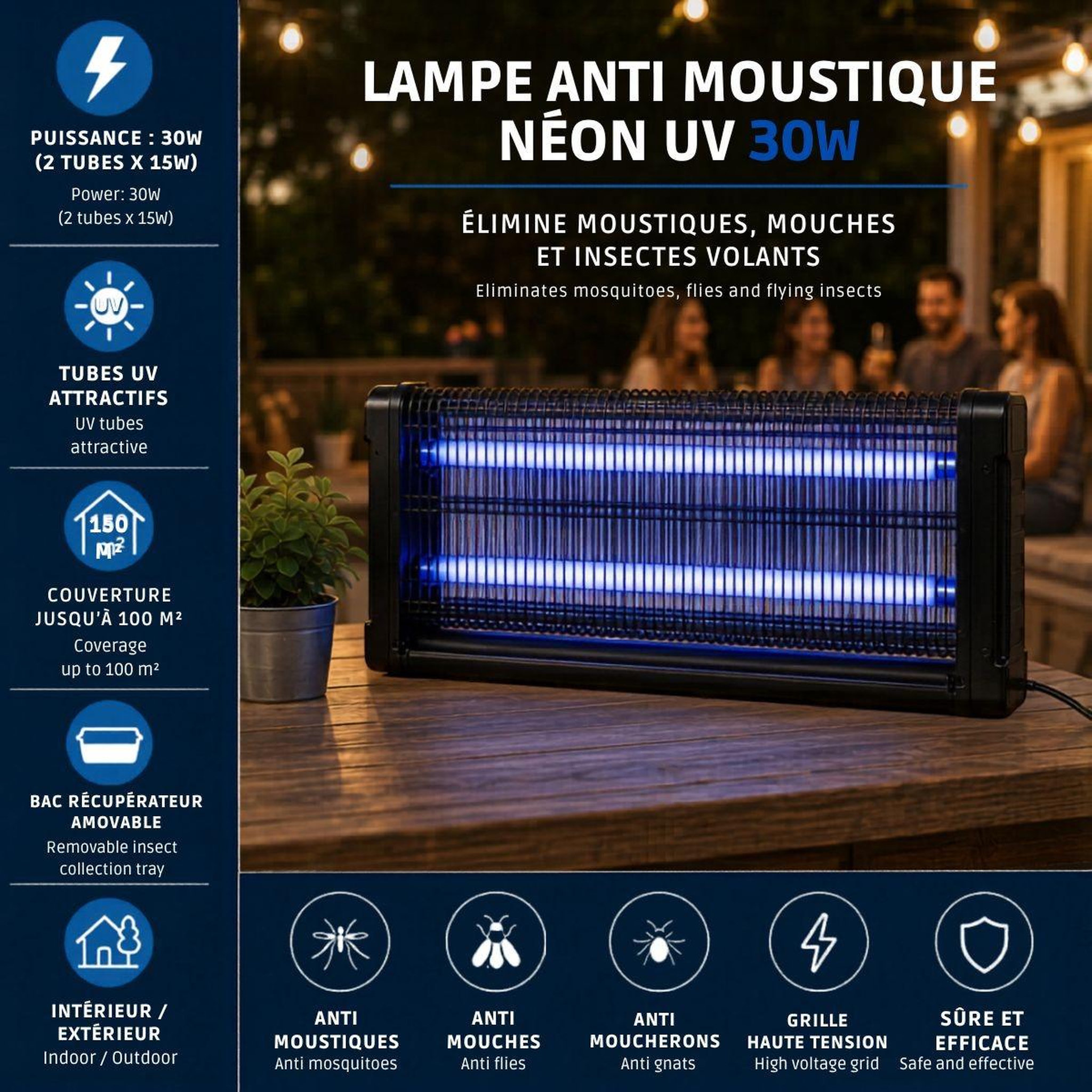 Voir la diapositive 2 : INTEC Lampe Anti Moustique Néon UV 30W Intérieur/Extérieur Piège à Insectes 100m2 Grille Haute Tension Anti Mouches Insectes volants