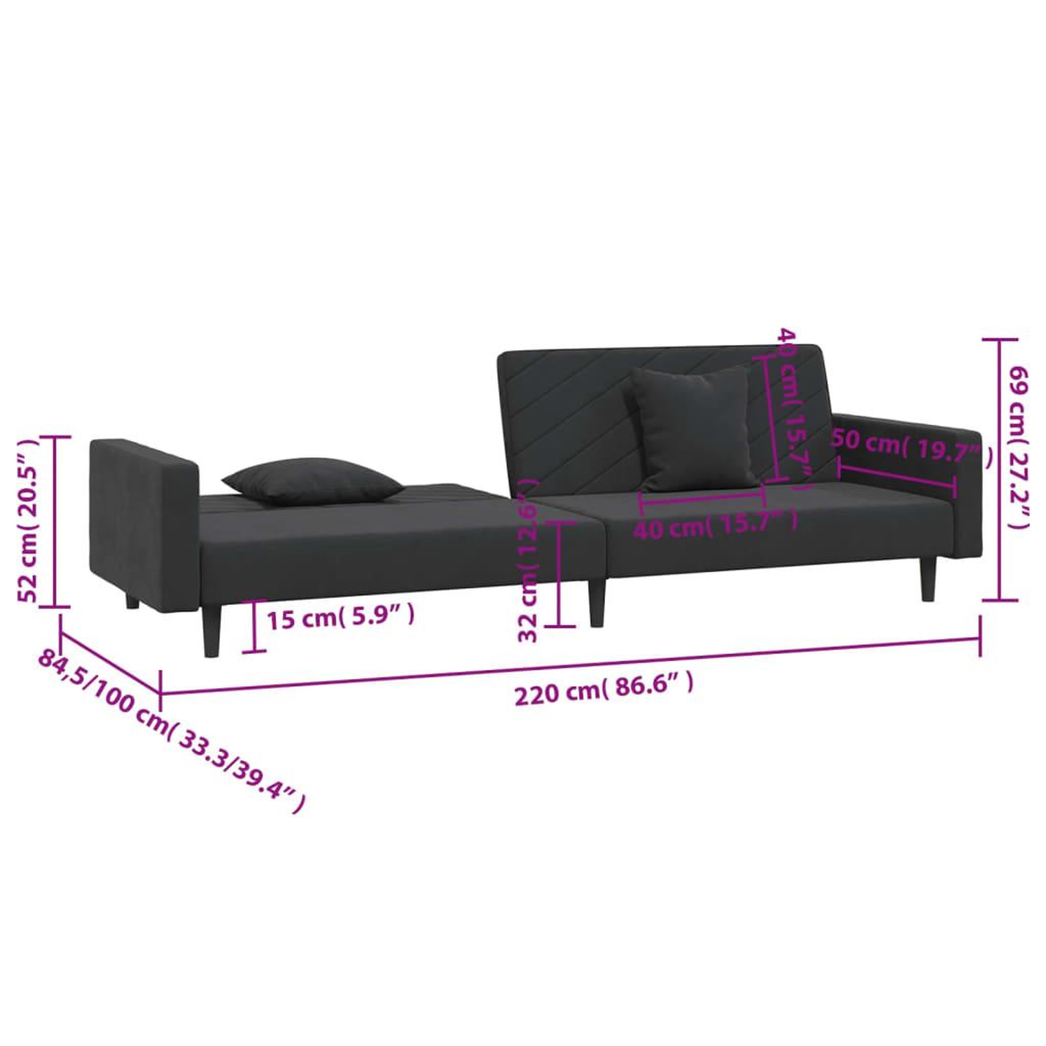 Voir la diapositive 6 : VIDAXL Canape-lit a 2 places avec deux oreillers Noir Velours