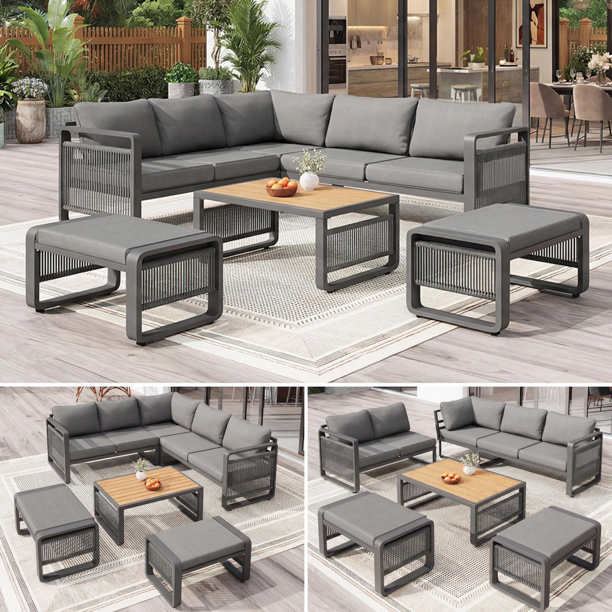 MERAX Salon de jardin 7 places en métal avec canapé d'angle, table basse et 2 repose-pieds