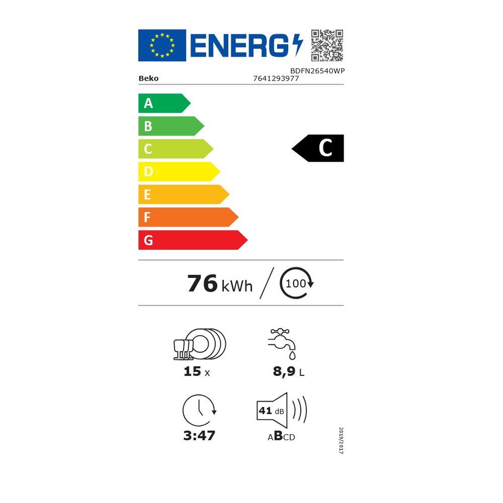 Voir la diapositive 2 : Beko Lave-vaisselle 60cm 15 couverts 41db blanc - BDFN26540WP