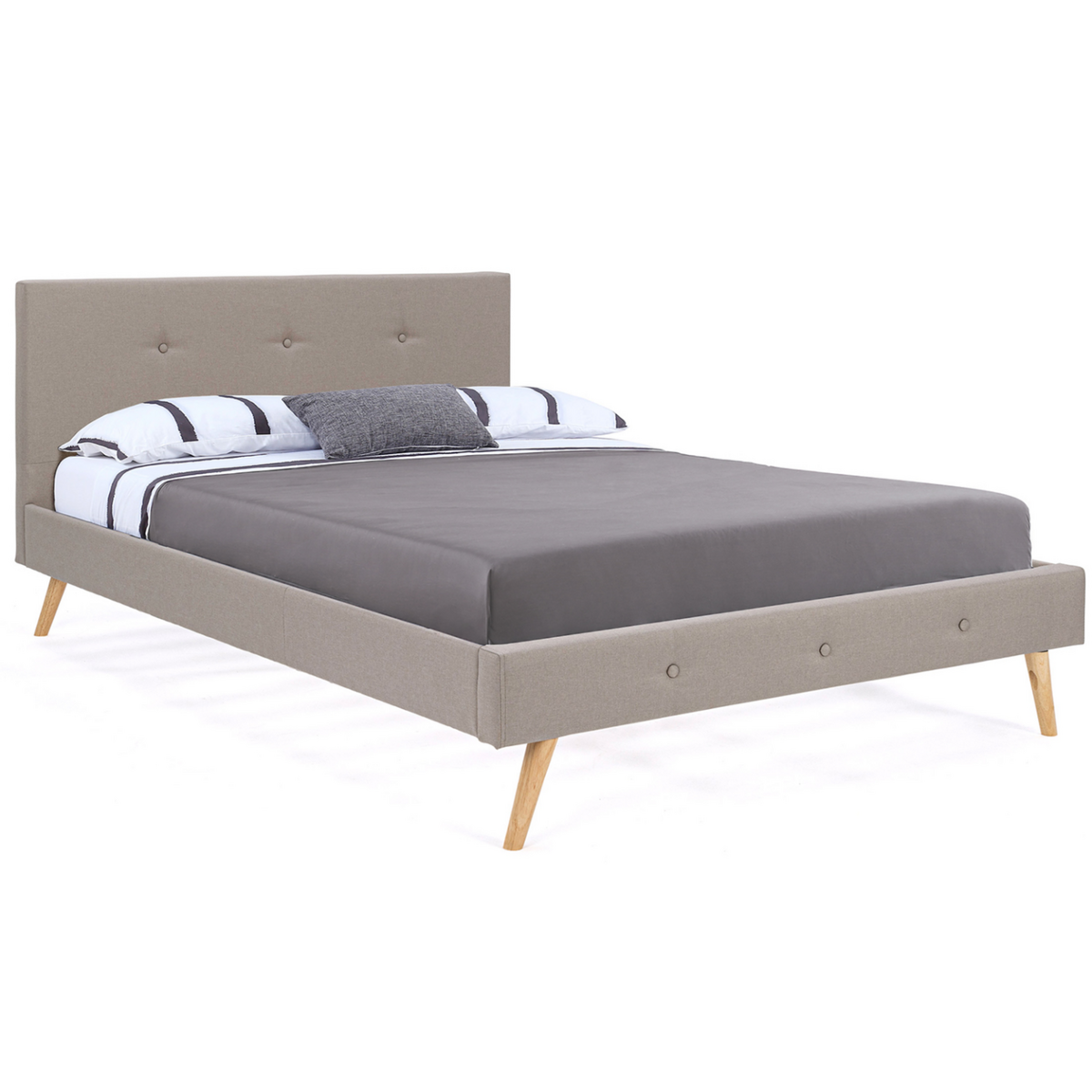 ID MARKET Lit double scandinave OSLO avec tête de lit et sommier 140 x 190 cm tissu beige effet lin