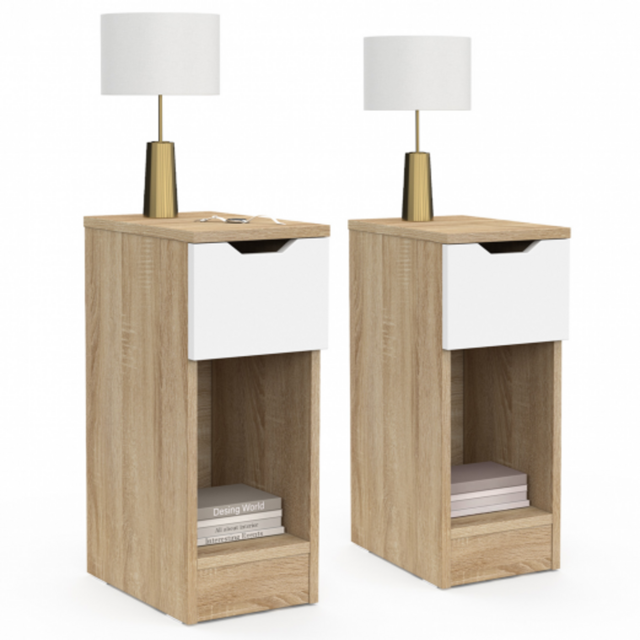 Lot De 2 Tables De Chevet Anouk - Blanc Et Bois, Avec Porte Et Niche - Dimensions 20x30x50 Cm