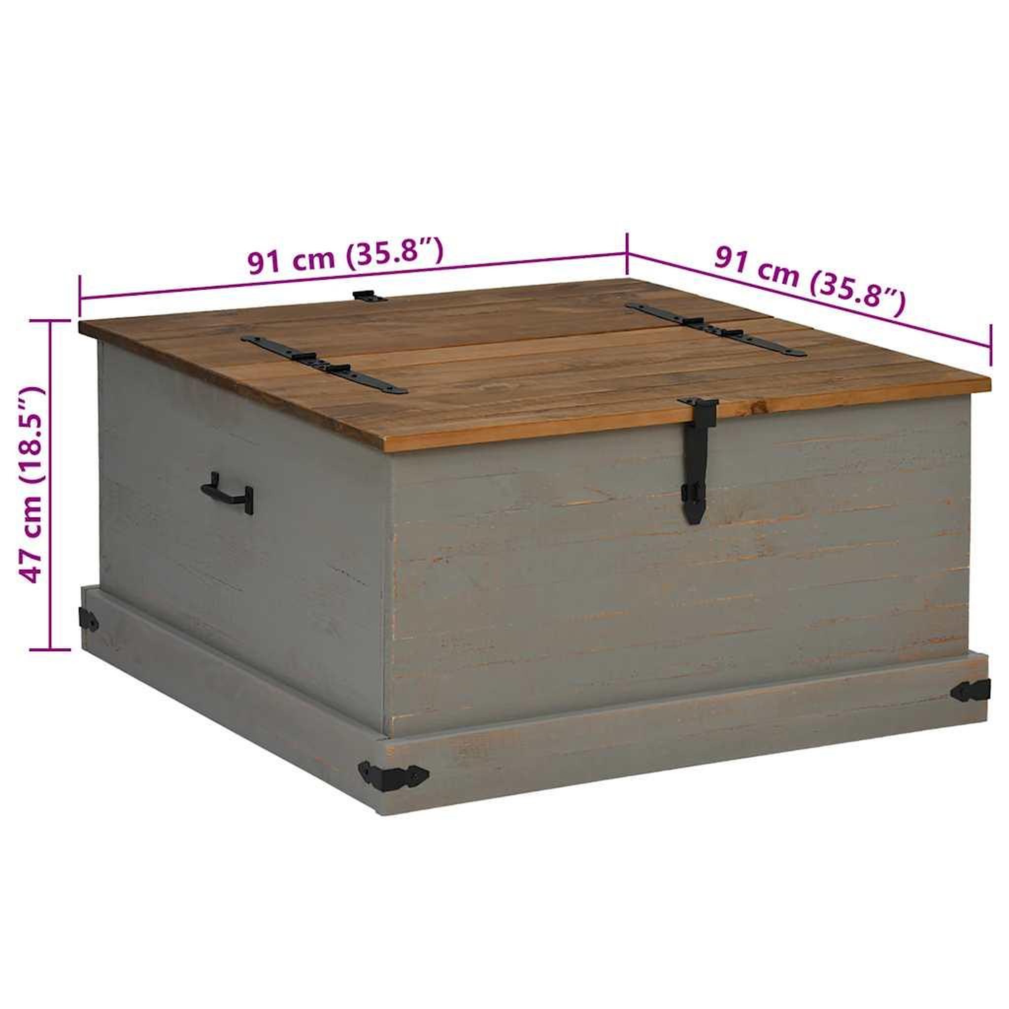 Voir la diapositive 6 : VIDAXL Coffre de rangement HALDEN gris 91x91x47 cm bois massif pin