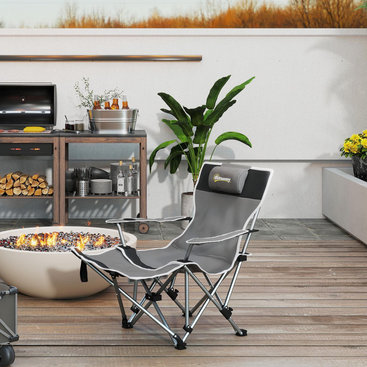 OUTSUNNY Chaise de camping pliante - repose-pied amovible, rangements - sac transport - gris
