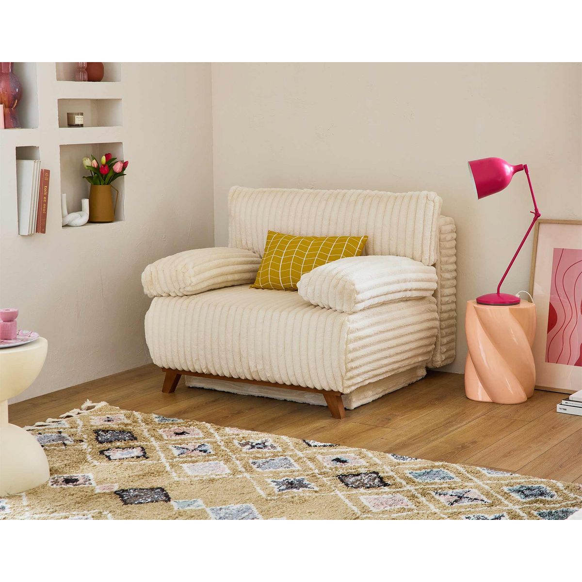 BEST MOBILIER Cristal - fauteuil - convertible avec coffre - en fausse fourrure côtelée