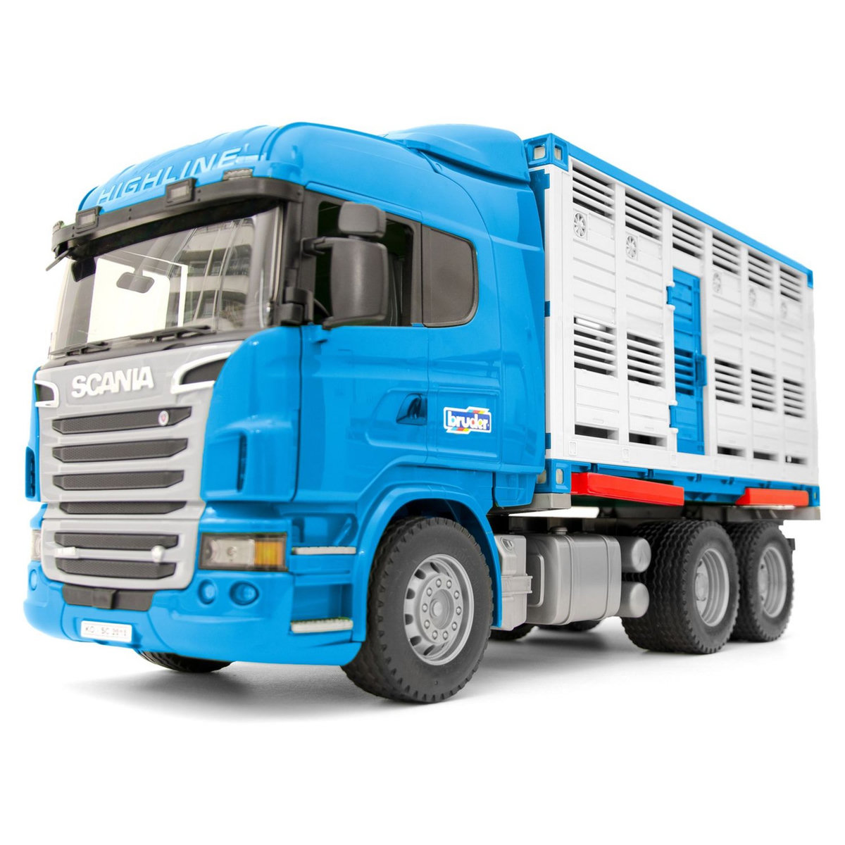 BRUDER BRU Camion Bétaillère R-Série Bleu et Blanc avec animal Scania 1/16e