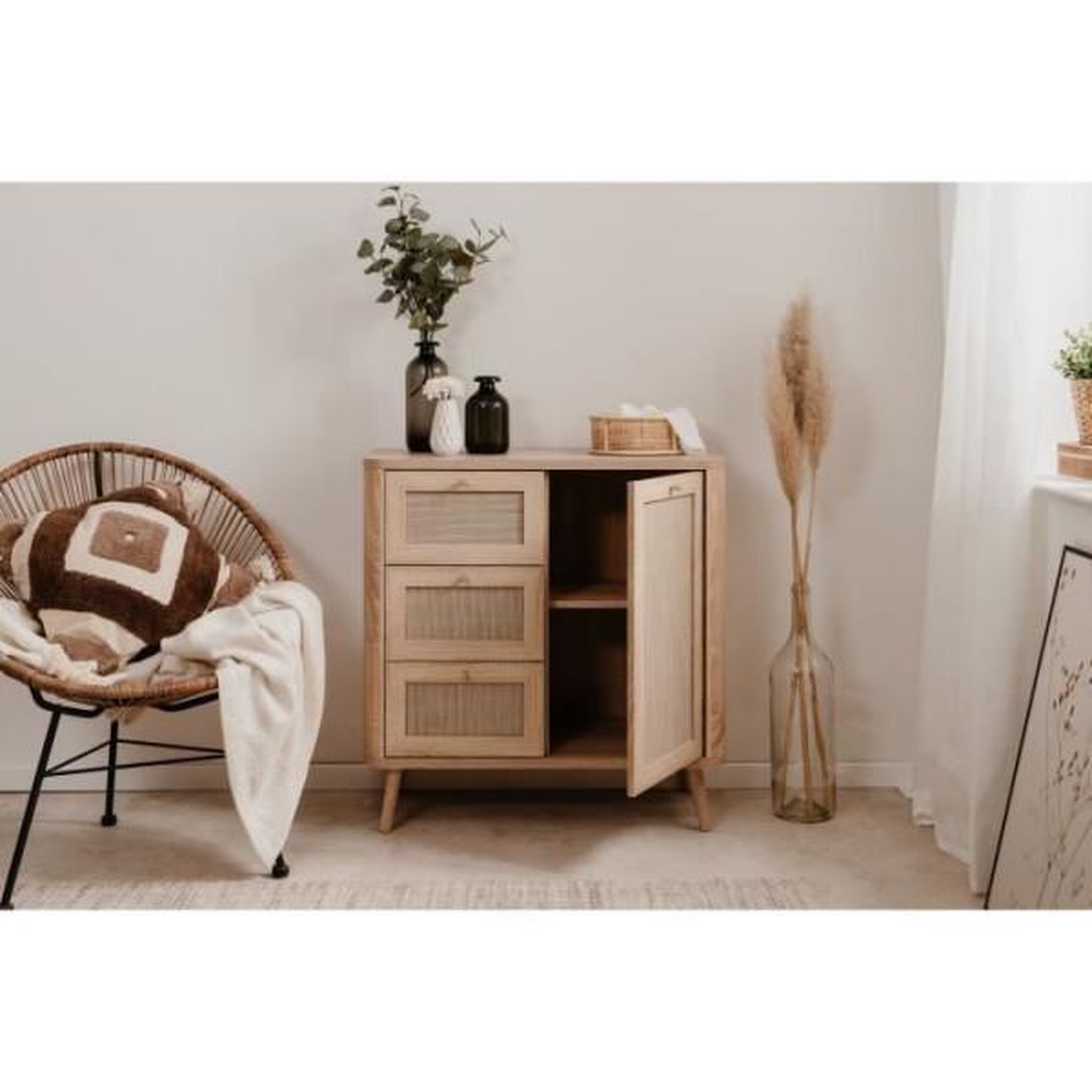 Voir la diapositive 3 : Commode - KUTA 01A - 1 porte - 3 tiroirs - Chene sonoma / Osier Palu - 80,9 x 84 x 40 cm