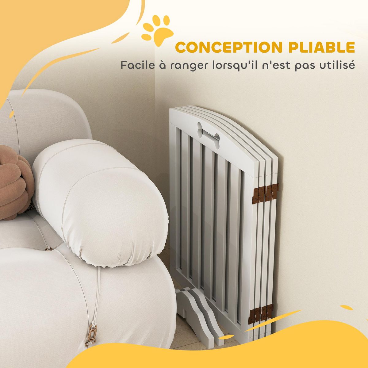 PAWHUT Barrière de sécurité chien pliable adaptable motif os - piètement support antidérapant - 207 x 30 x 61 cm - MDF blanc