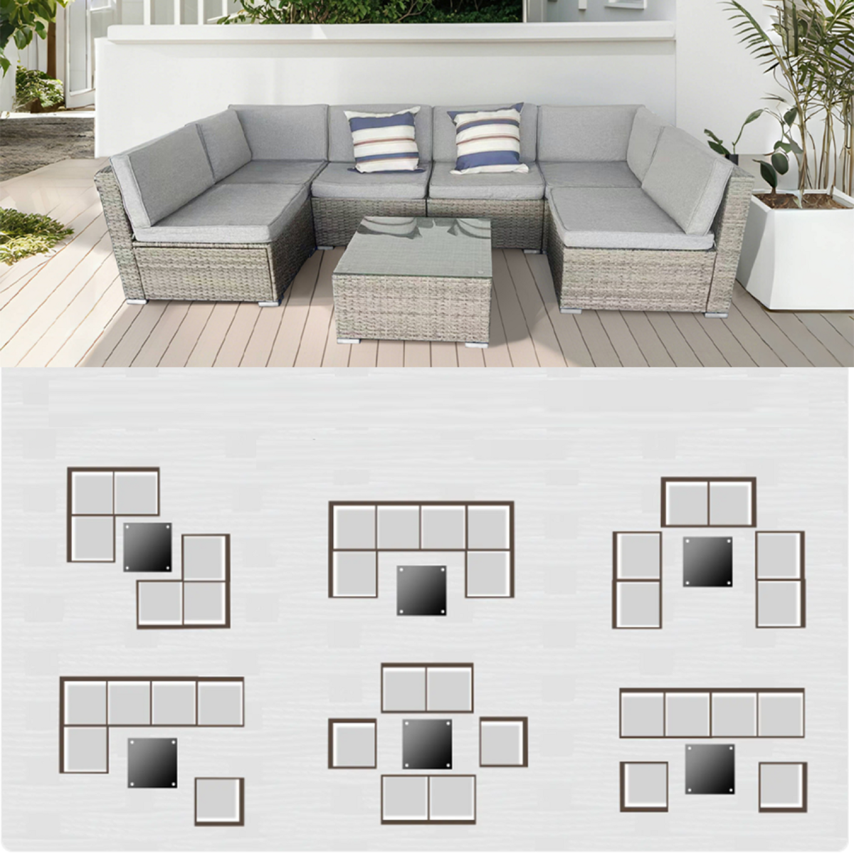 CONCEPT USINE Salon de jardin modulable 6 places en résine tressée - gris et gris ALDABRA