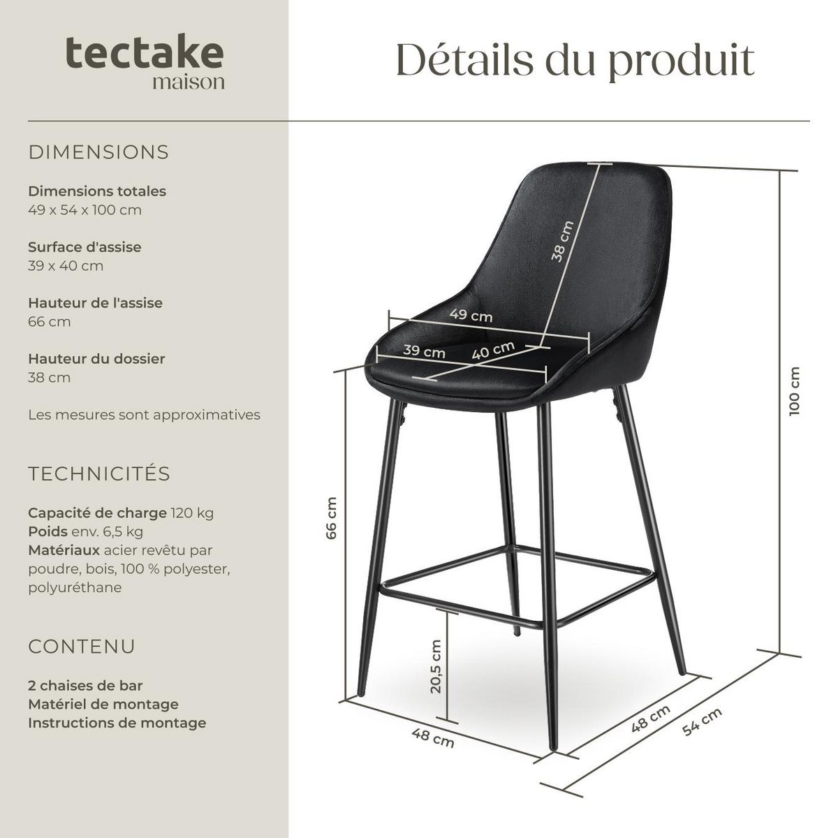 tectake Chaise de bar rembourrée avec une housse douce Aspect velours noir/noir Ensemble de 2 pièces