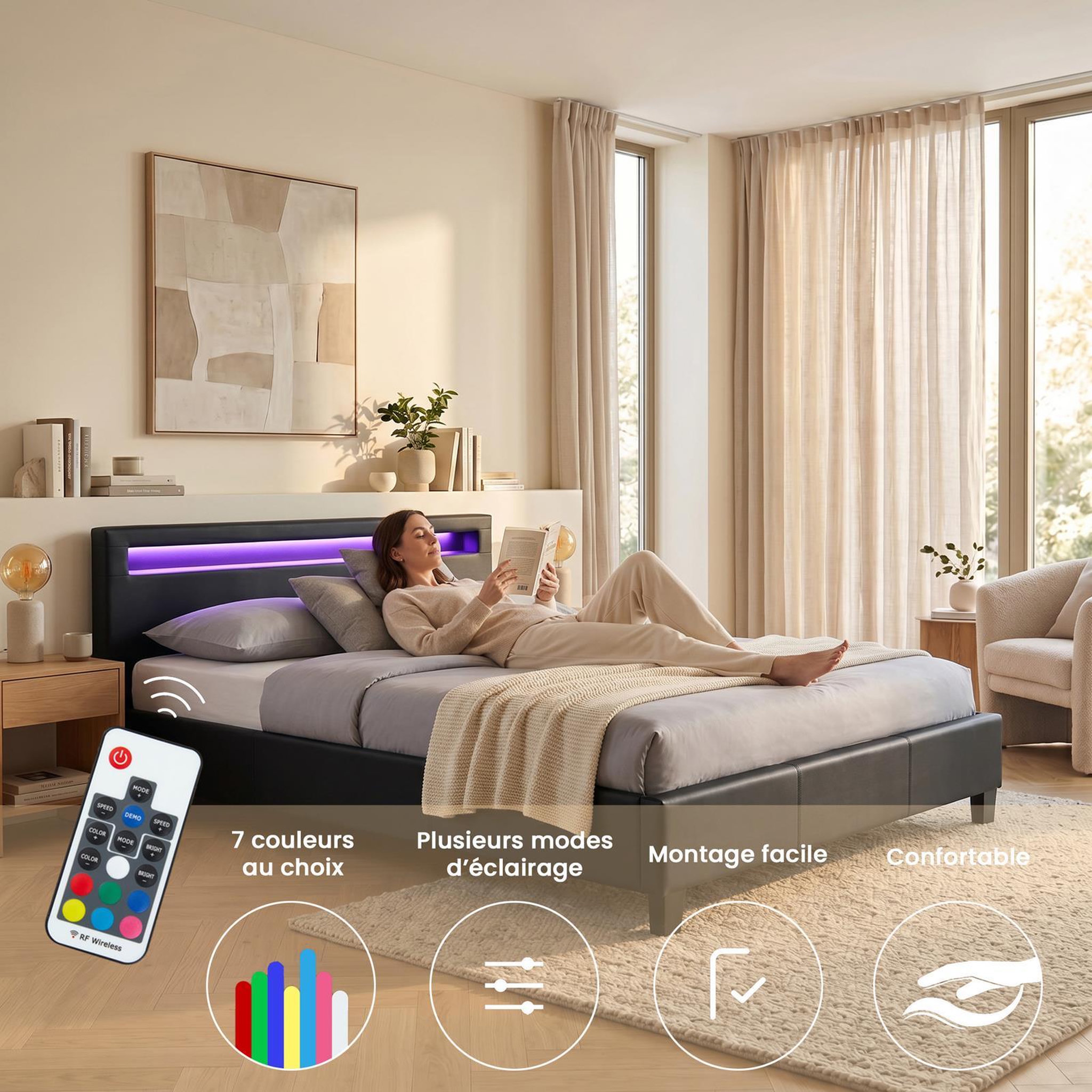 Voir la diapositive 3 : IDIMEX Lit LED double PINOT 140x190 cm, avec sommier, revêtement synthétique