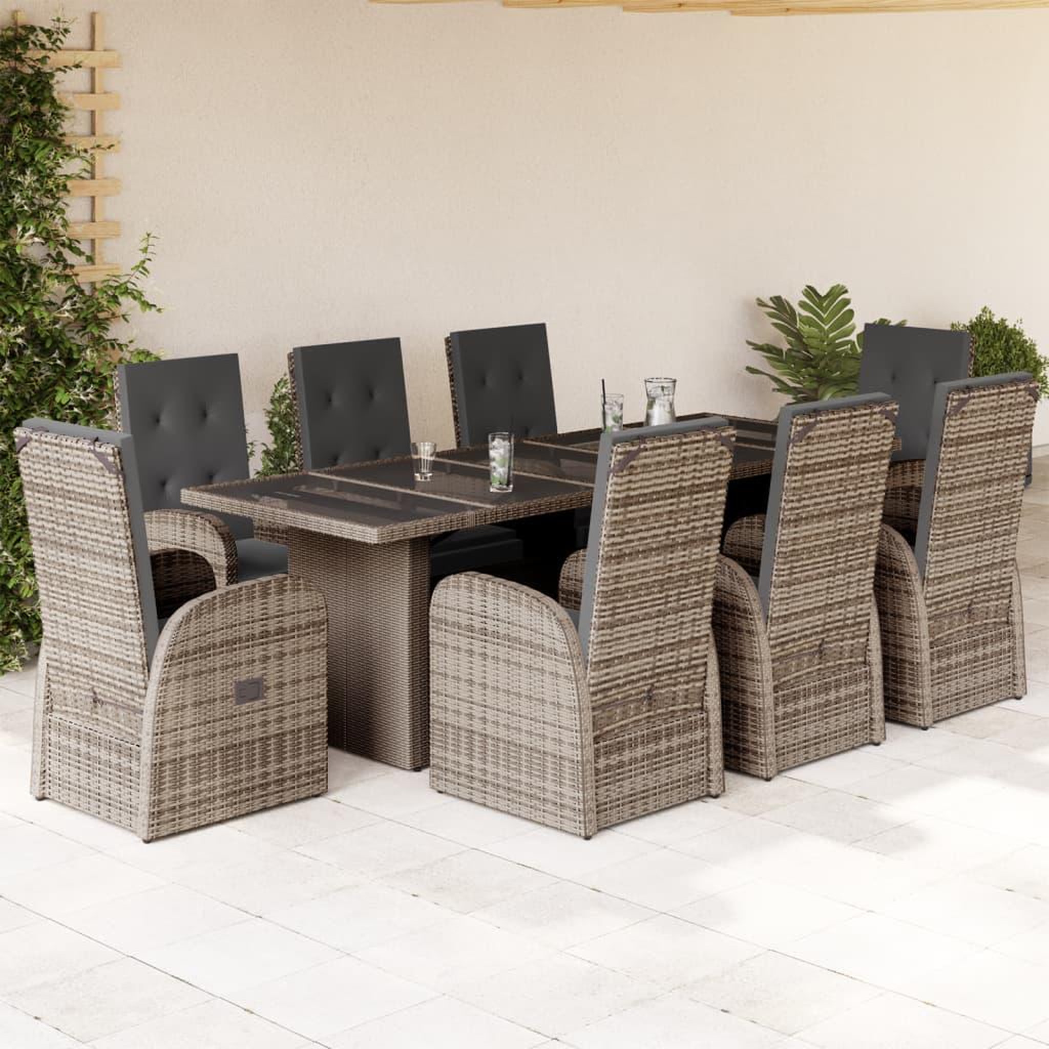 VIDAXL Ensemble a manger de jardin 9 pcs coussins gris resine tressee