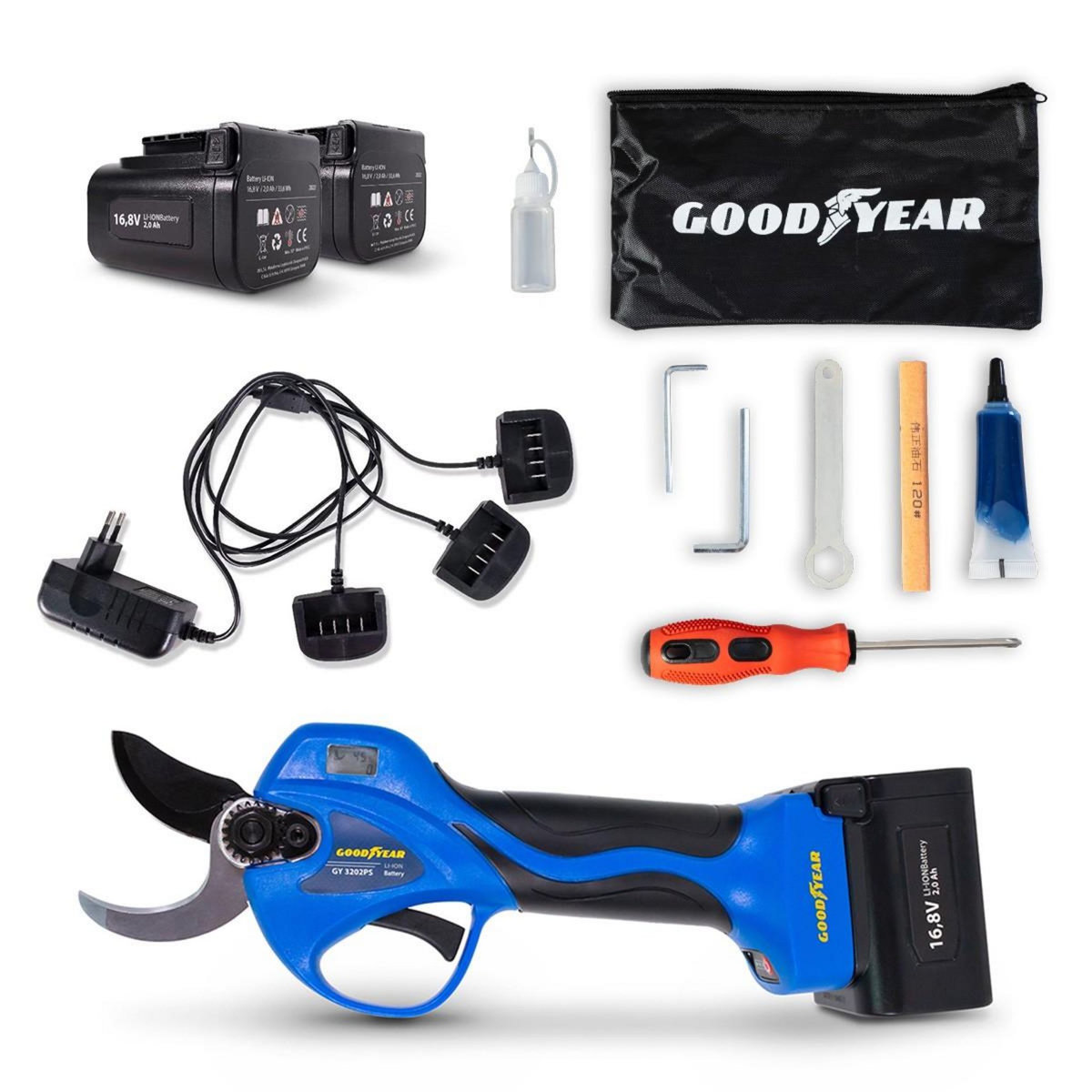 GOODYEAR Sécateur électrique Professionnel 16,8V + 2 Batteries Lithium 2Ah Ø Coupe 32 mm Moteur Brushless GOODYEAR