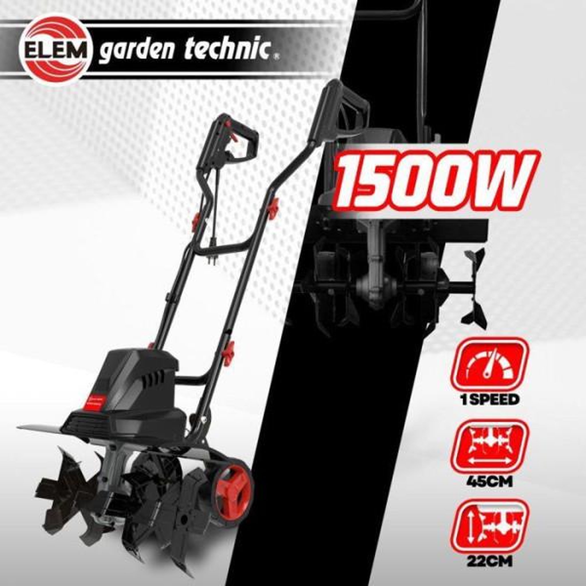 Voir la diapositive 2 : Elem Motobineuse électrique - elem garden - 1500 w - 6 fraises - 45 cm - mtbe1506w45