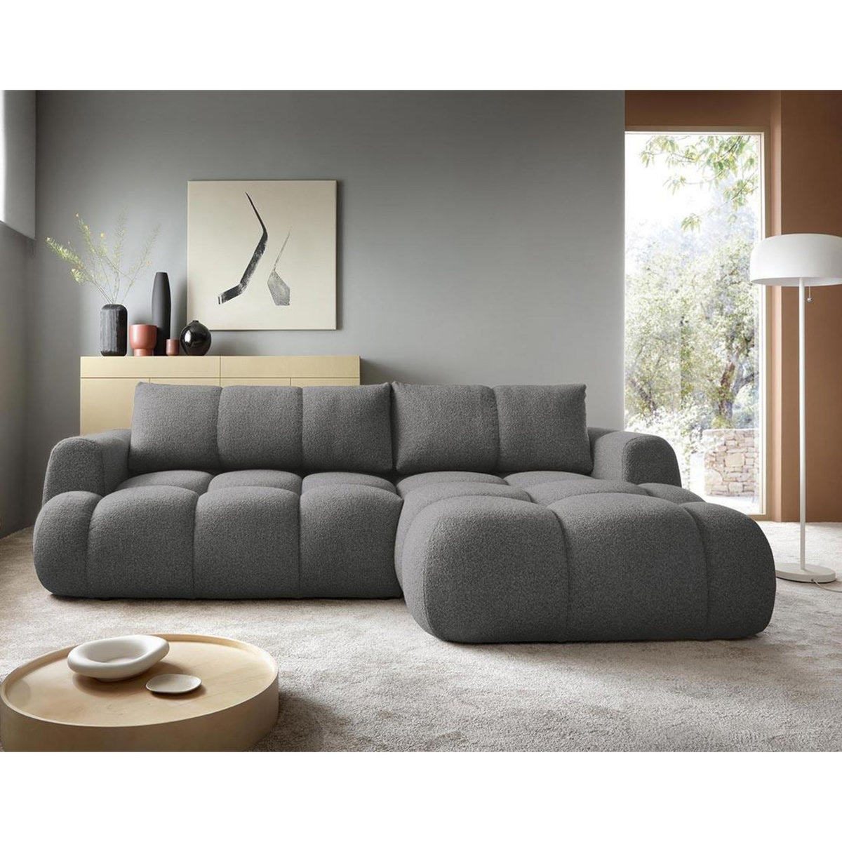 BEST MOBILIER Yulin - canapé d'angle droit 4 places convertible avec coffre en tissu bouclette