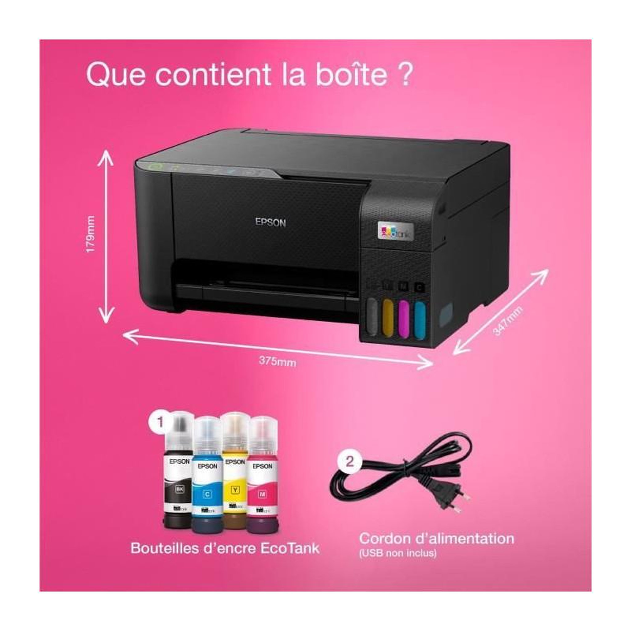 Voir la diapositive 3 : Epson Imprimante multifonction A4 - EPSON - Ecotank ET-2860 - Wi-Fi - Equipée de réservoirs d'encre