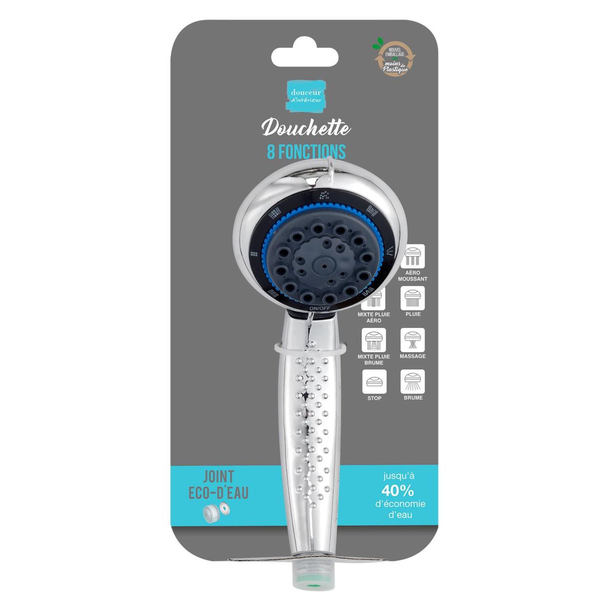 Voir la diapositive 2 : Douceur d'Intérieur Douchette 8 fonctions  eco-d'eau  21cm argent
