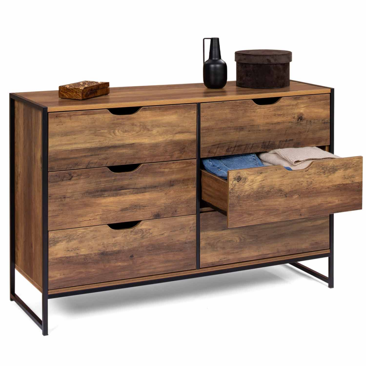 ID MARKET Commode 6 tiroirs HAWKINS 115 cm bois foncé design industriel