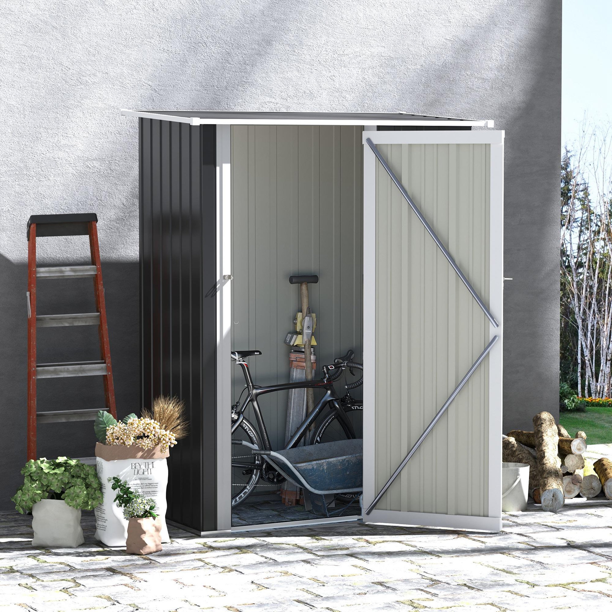 Voir la diapositive 2 : OUTSUNNY Abri de jardin - remise pour outils - cabanon porte verrouillable - dim. 142L x 84l x 189H cm - tôle d'acier anthracite blanc