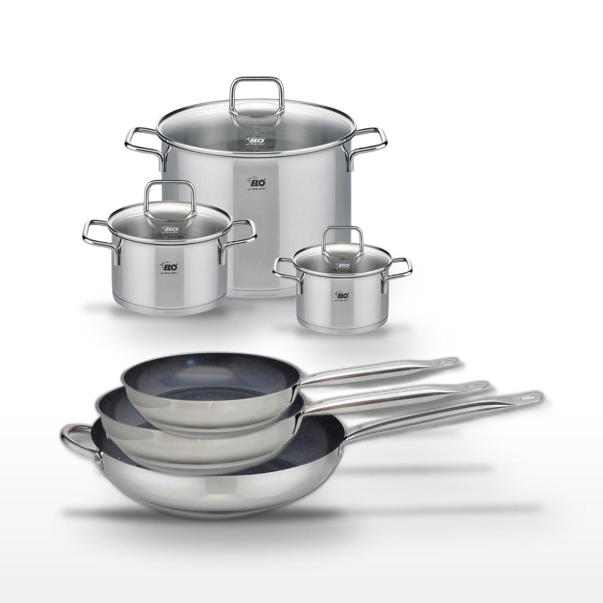 ELO Lot de 3 poêles 24/28/32cm elo profi therm platinum et 3 faitouts 16/20/26cm