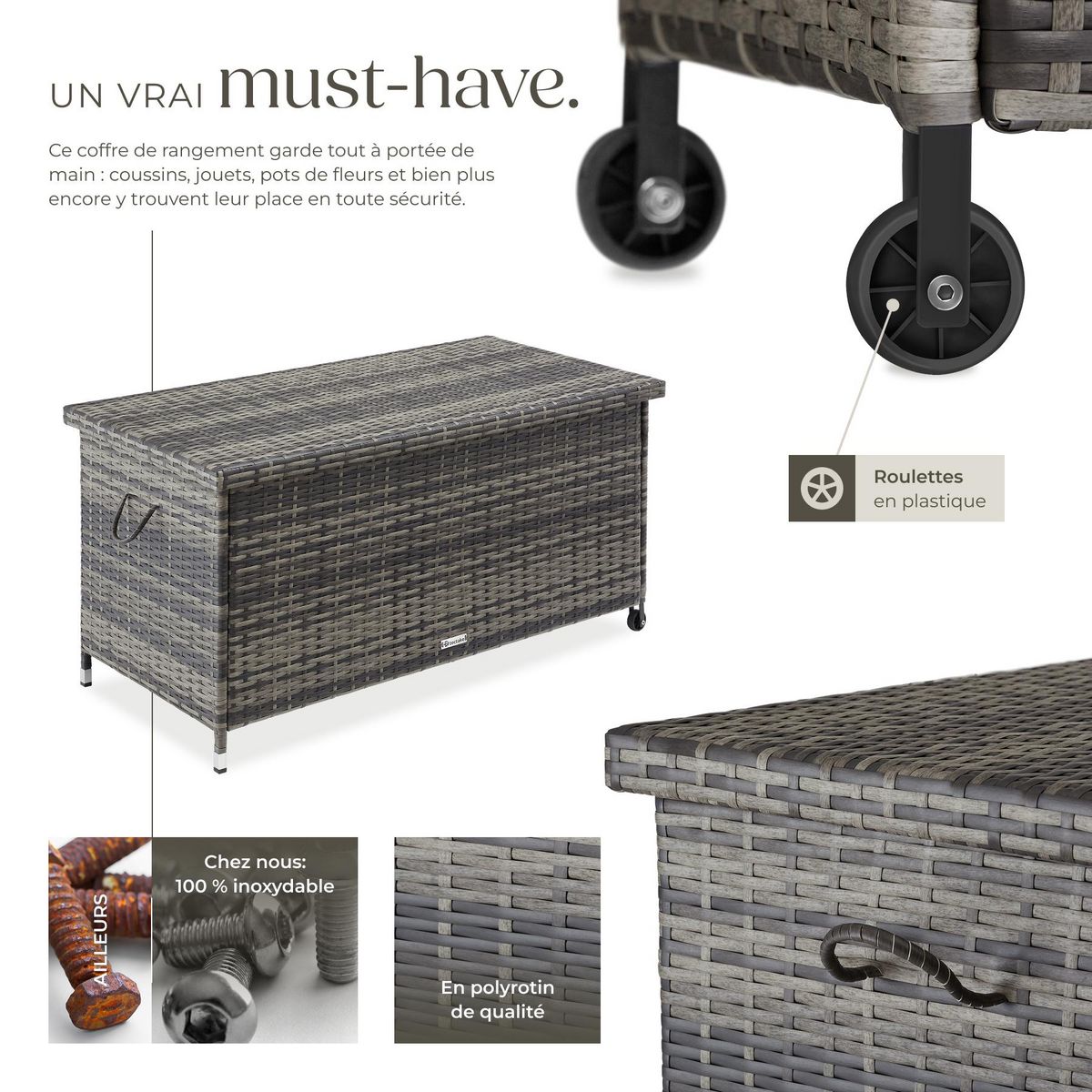 tectake Coffre de jardin pour coussins 270 l, avec tressage en rotin gris