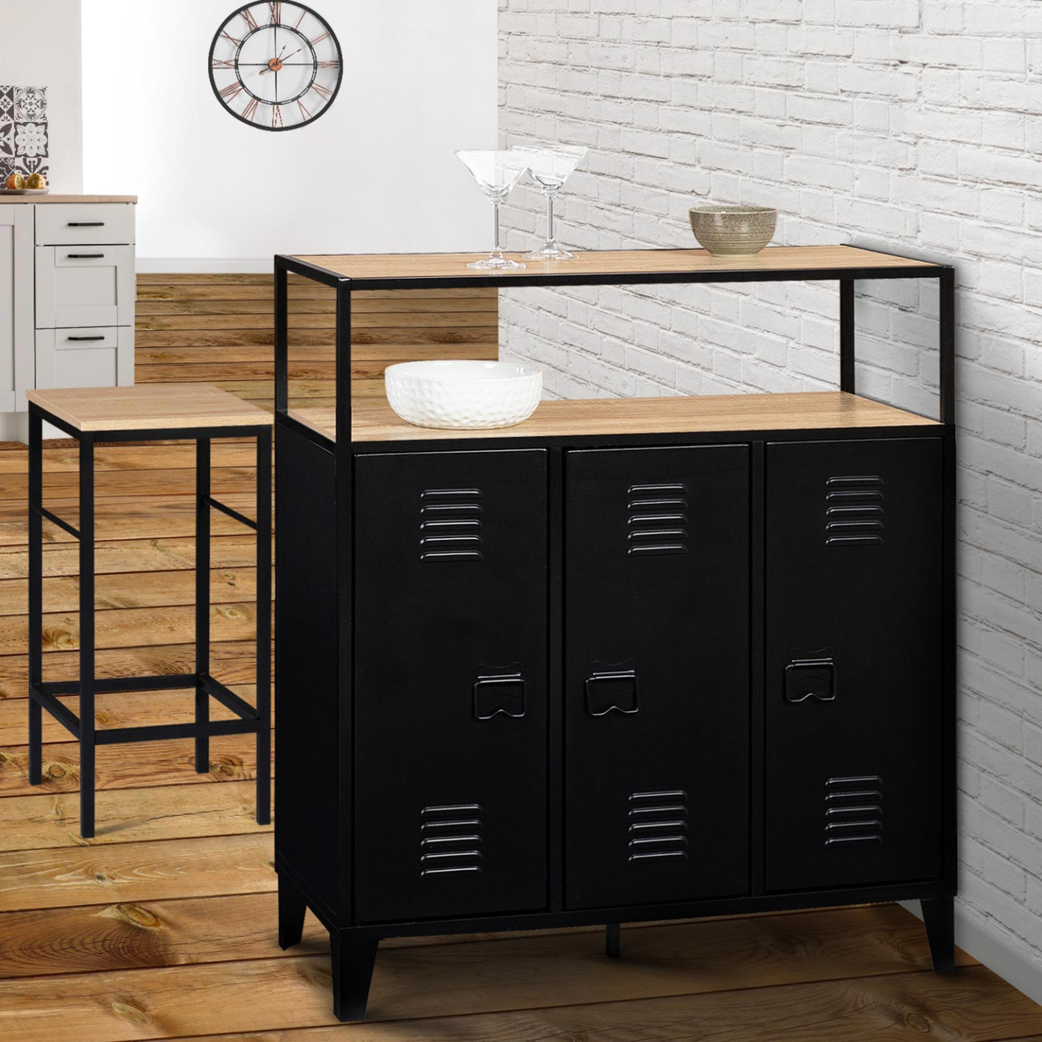Voir la diapositive 2 : ID MARKET Meuble de bar buffet ester 3 portes en métal noir plateau façon hêtre
