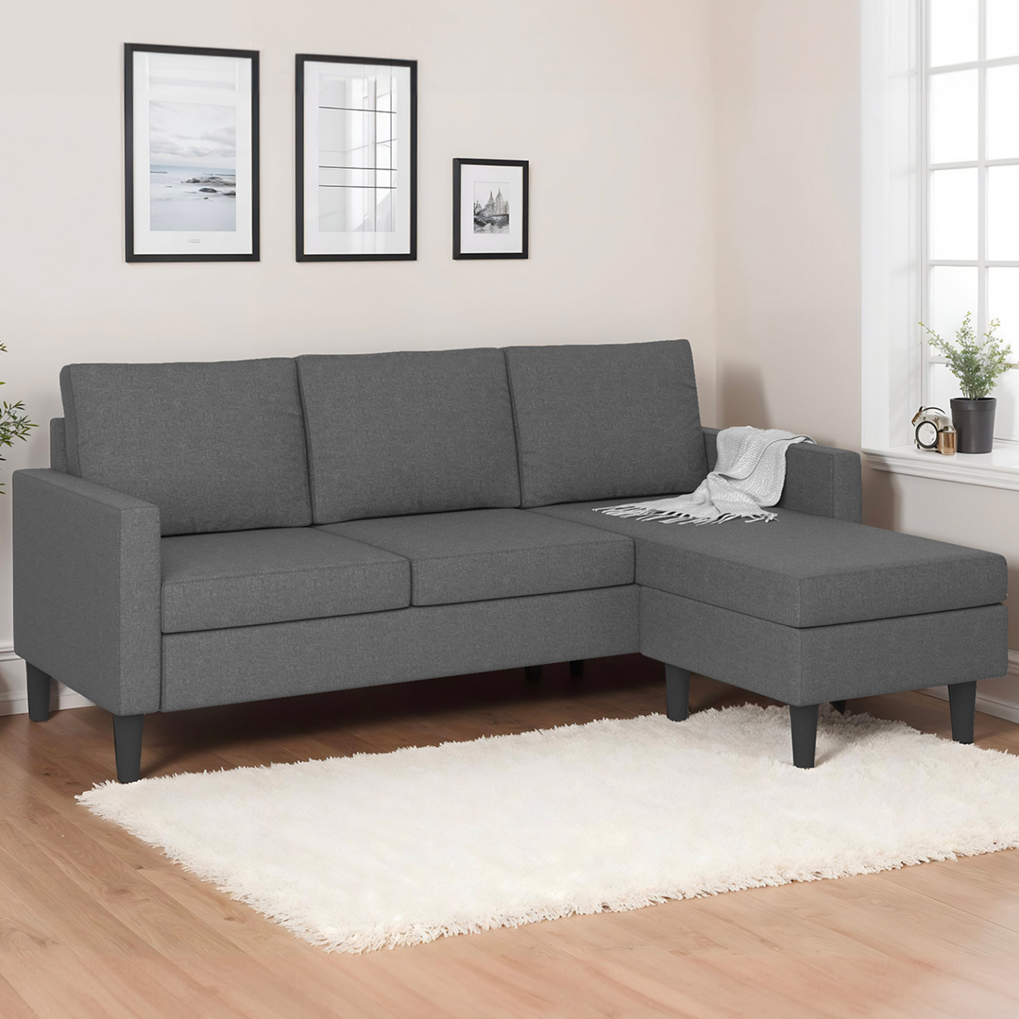 Voir la diapositive 2 : ID MARKET Canapé d'angle réversible 3 places marius 200 cm en tissu gris anthracite