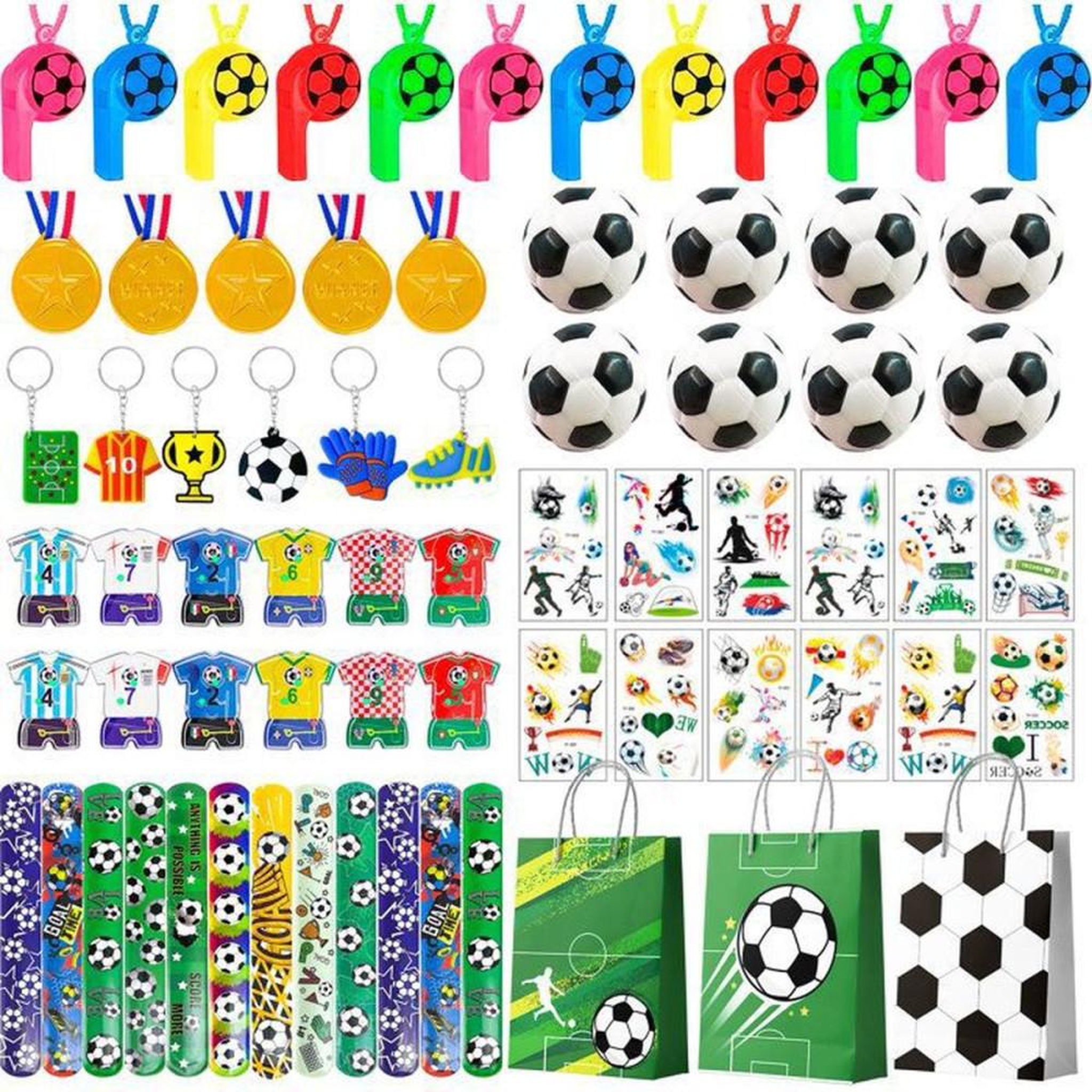 Coffret accessoires fête football avec 12 sacs cadeaux, bracelets, autocollants, médailles, gommes et sifflets
