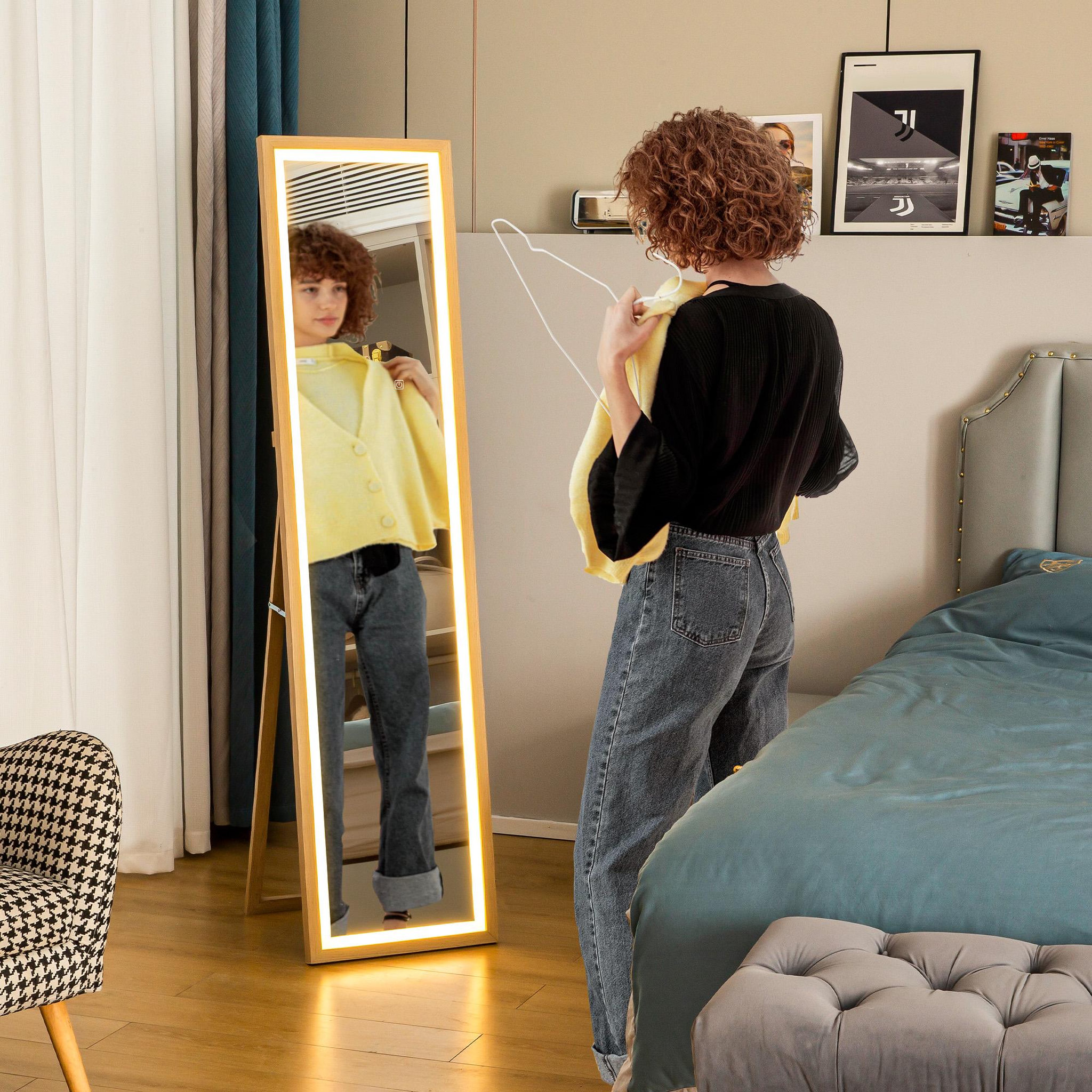 Voir la diapositive 2 : HOMCOM Grand miroir led pleine longueur 40 x 160 cm autoportant ou à fixer - 3 couleurs luminosité réglable - effet bois