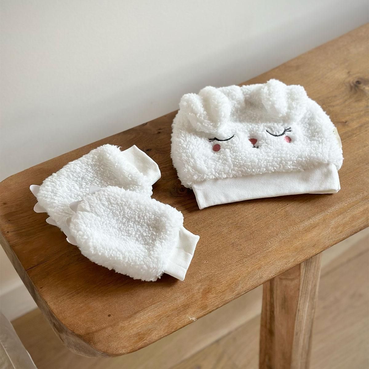 Petit Béguin Bonnet bébé en sherpa + moufles Alaska