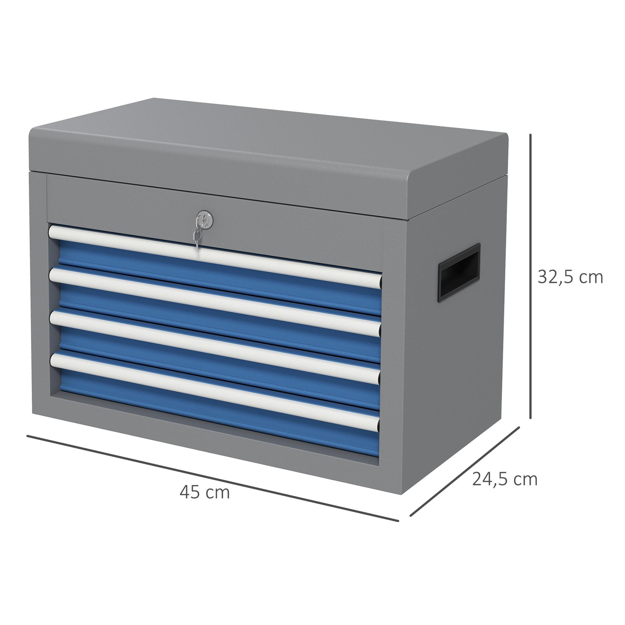 Voir la diapositive 3 : HOMCOM Boite à outils métallique caisse à outils - 4 tiroirs + plateau verrouillables - tapis eva poignées tôle acier gris bleu