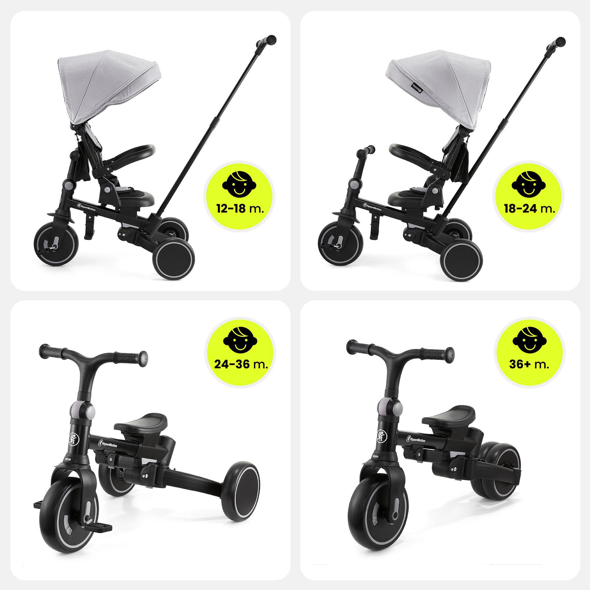 Voir la diapositive 4 : HYPERMOTION Tricycle Bébé Évolutif 8 en 1 – Siège Pivotant 360°, Vélo Enfant, Pliable, Confortable - Gris
