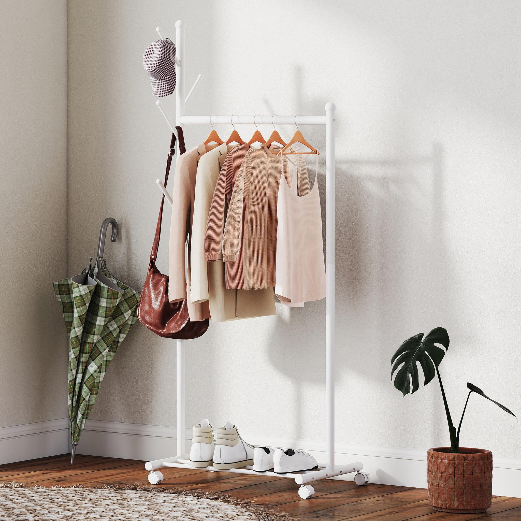 Voir la diapositive 2 : HOMCOM Portant à vêtements mobile étagère porte-manteau en forme d'arbre métal blanc