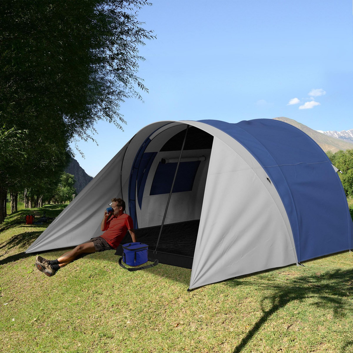 OUTSUNNY Tente de camping familiale 3-4 pers. - tente tunnel double toit sac inclus - fibre verre polyester bleu gris