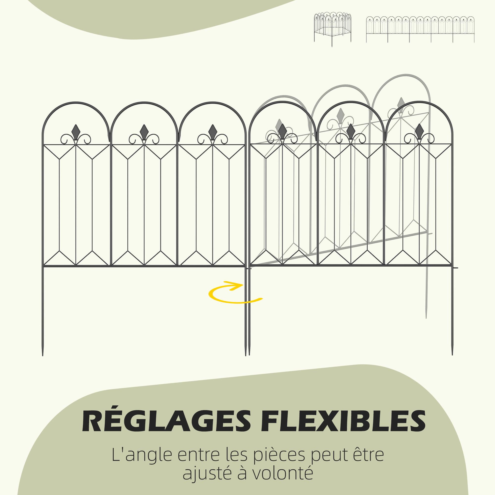 Voir la diapositive 5 : OUTSUNNY Lot de 5 clôtures de jardin décoratives en métal avec ornements - dim. totales 305L x 79,5H cm - noir