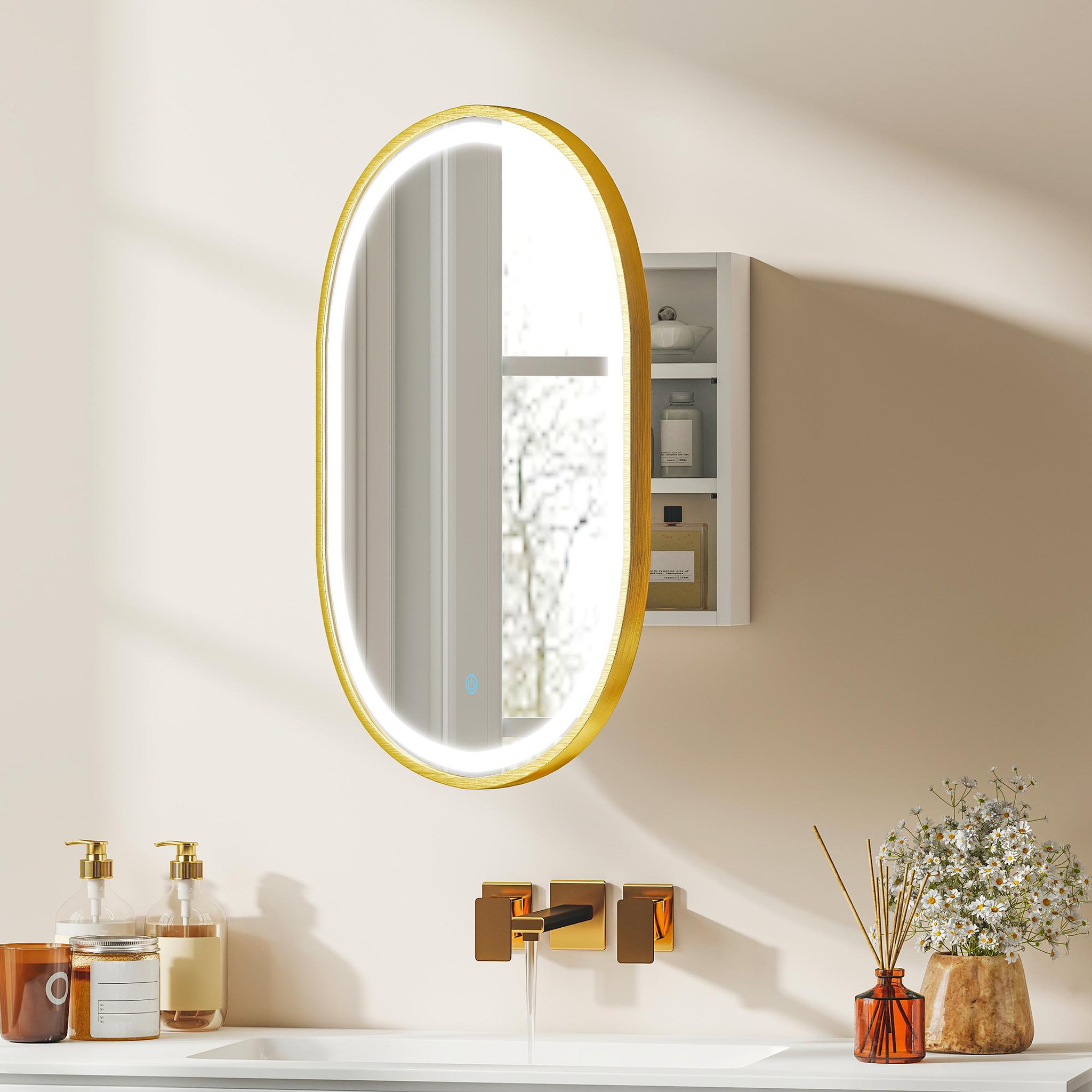 Voir la diapositive 6 : HOMCOM Armoire miroir led réglable salle de bain design ovale alu brossé doré 2 étagères