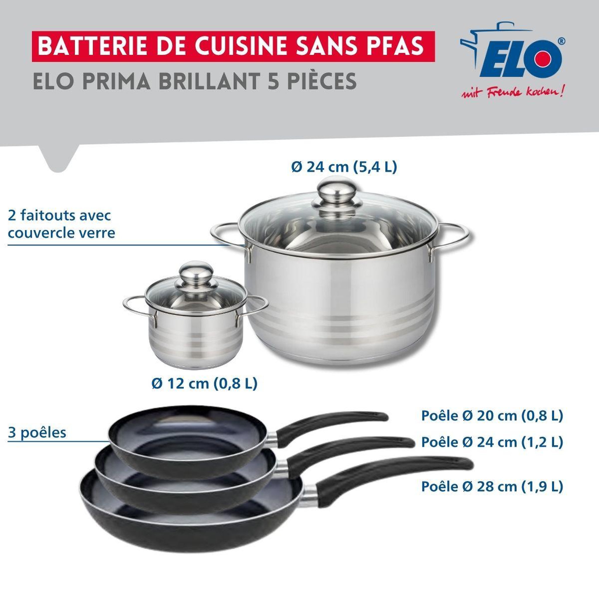 Voir la diapositive 2 : ELO Ensemble de 3 poêles de cuisson 20, 24 et 28 cm et 2 faitouts 12 et 24 cm elo prima brillant