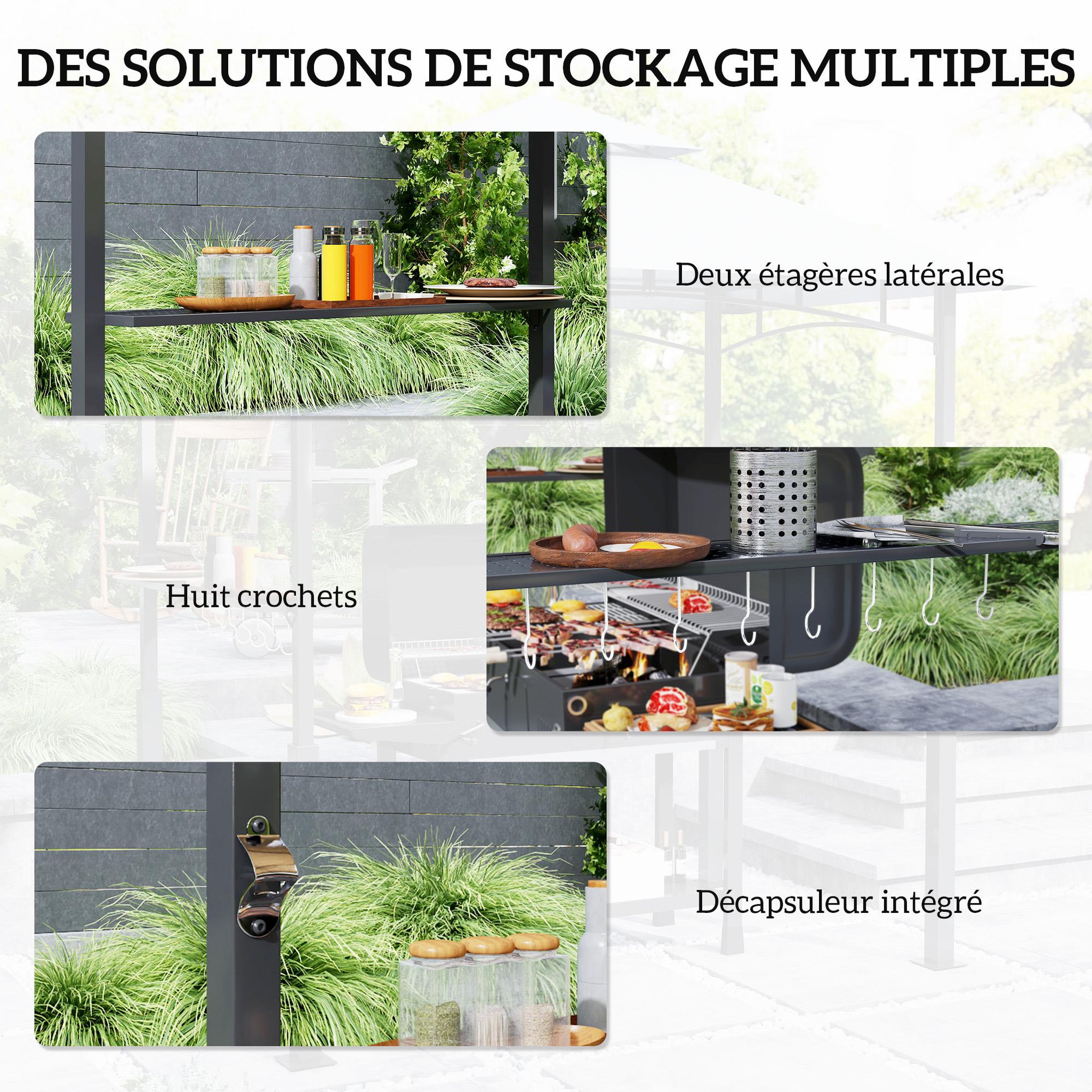 Voir la diapositive 4 : OUTSUNNY Abri pour barbecue - 2 étagères, 8 crochets, lumière LED, décapsuleur - métal noir tissu gris