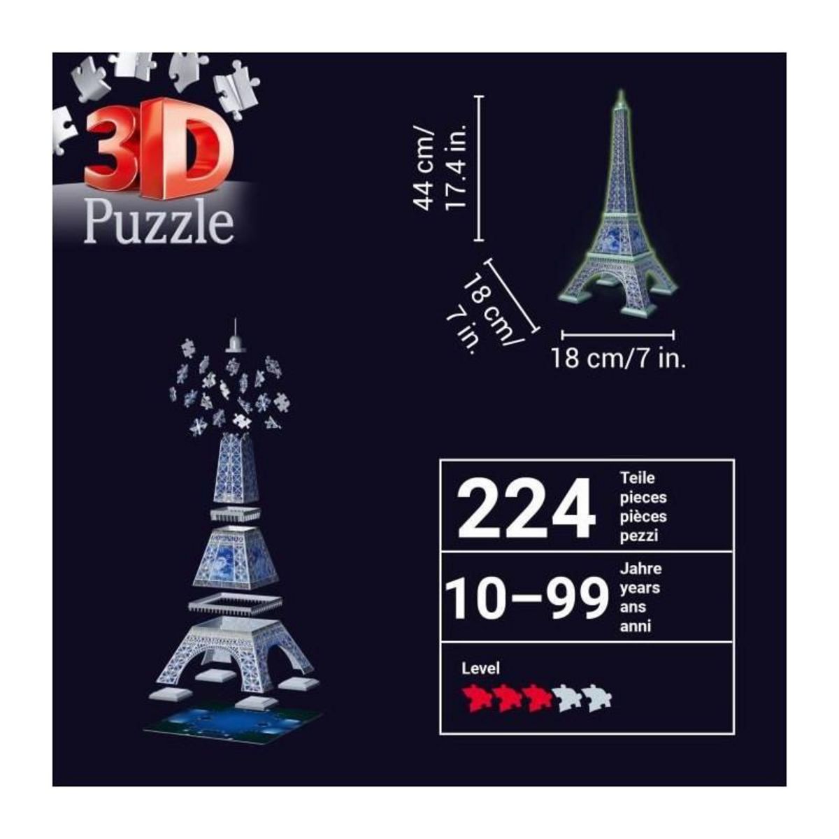 RAVENSBURGER Ravensburger-Puzzle 3D Tour Eiffel phosphorescente 50 ans-Des 10 ans-216p numérotées a assembler sans colle-Accessoires inclus