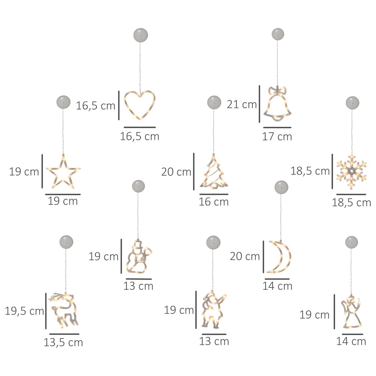 HOMCOM Décoration de Noël LED - décoration Lumineuse de Noël pour fenêtre - Silhouettes Noël pour fenêtre - 18 pièces avec ventouses - Blanc Chaud