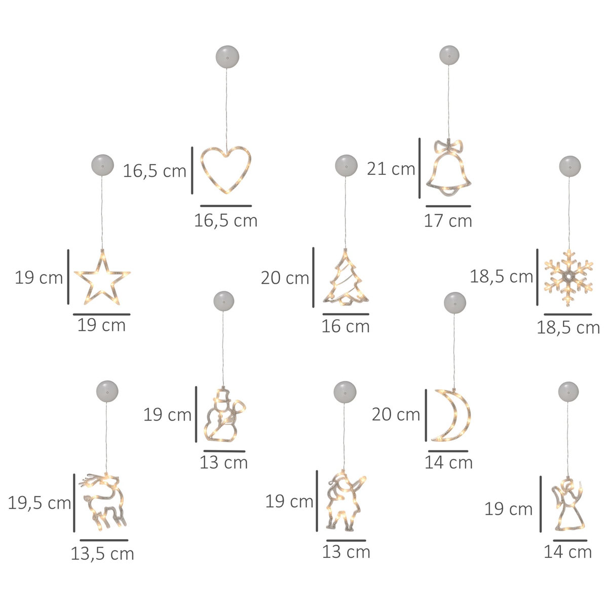 HOMCOM Décoration de Noël LED - décoration Lumineuse de Noël pour fenêtre - Silhouettes Noël pour fenêtre - 18 pièces avec ventouses - Blanc Chaud