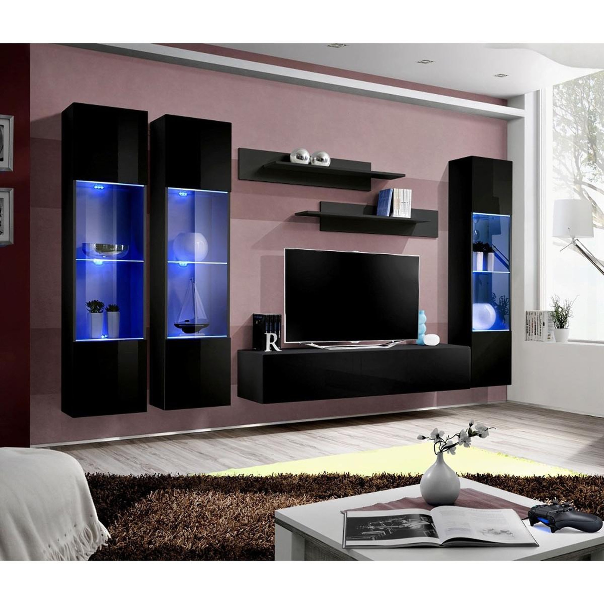 Voir la diapositive 4 : Paris Prix Ensemble meuble tv mural  fly c3  310cm noir