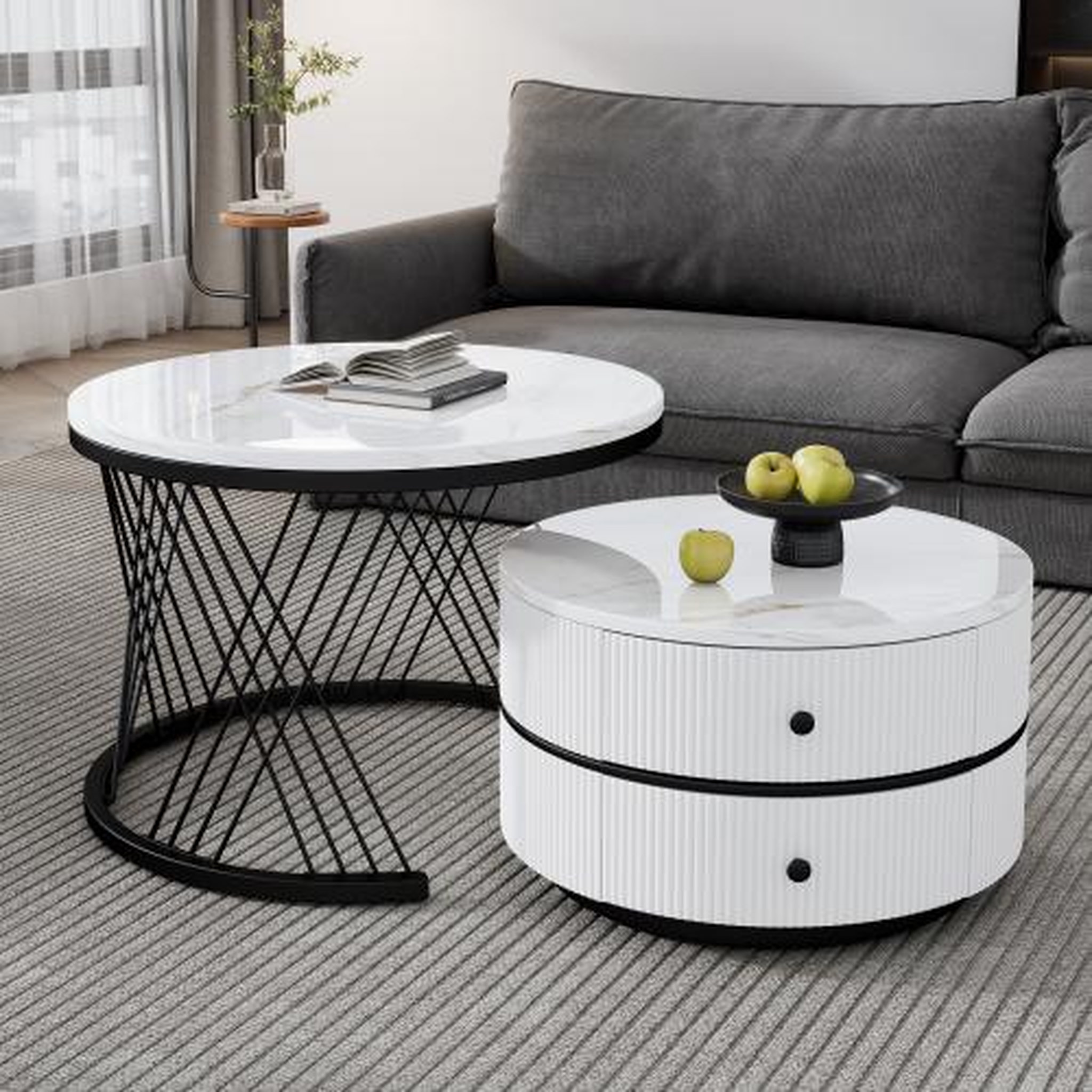Voir la diapositive 2 : MERAX Lot De 2 Table Basse Gigognes Rond Avec 2 Tiroirs
