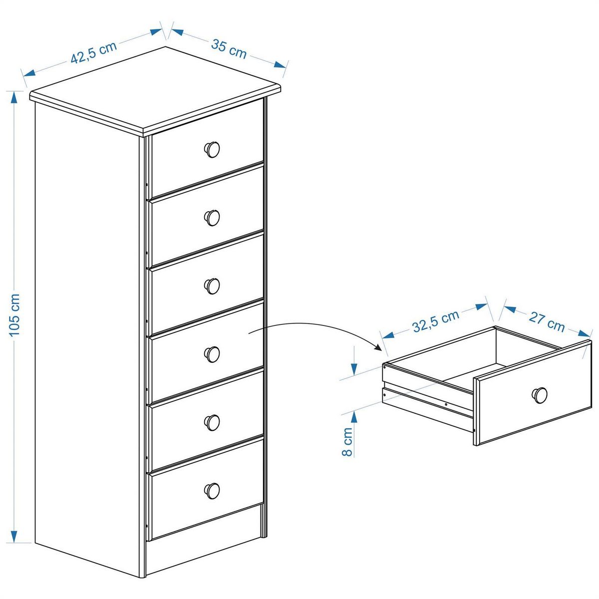 IDIMEX Chiffonnier en pin RONDO, 6 tiroirs