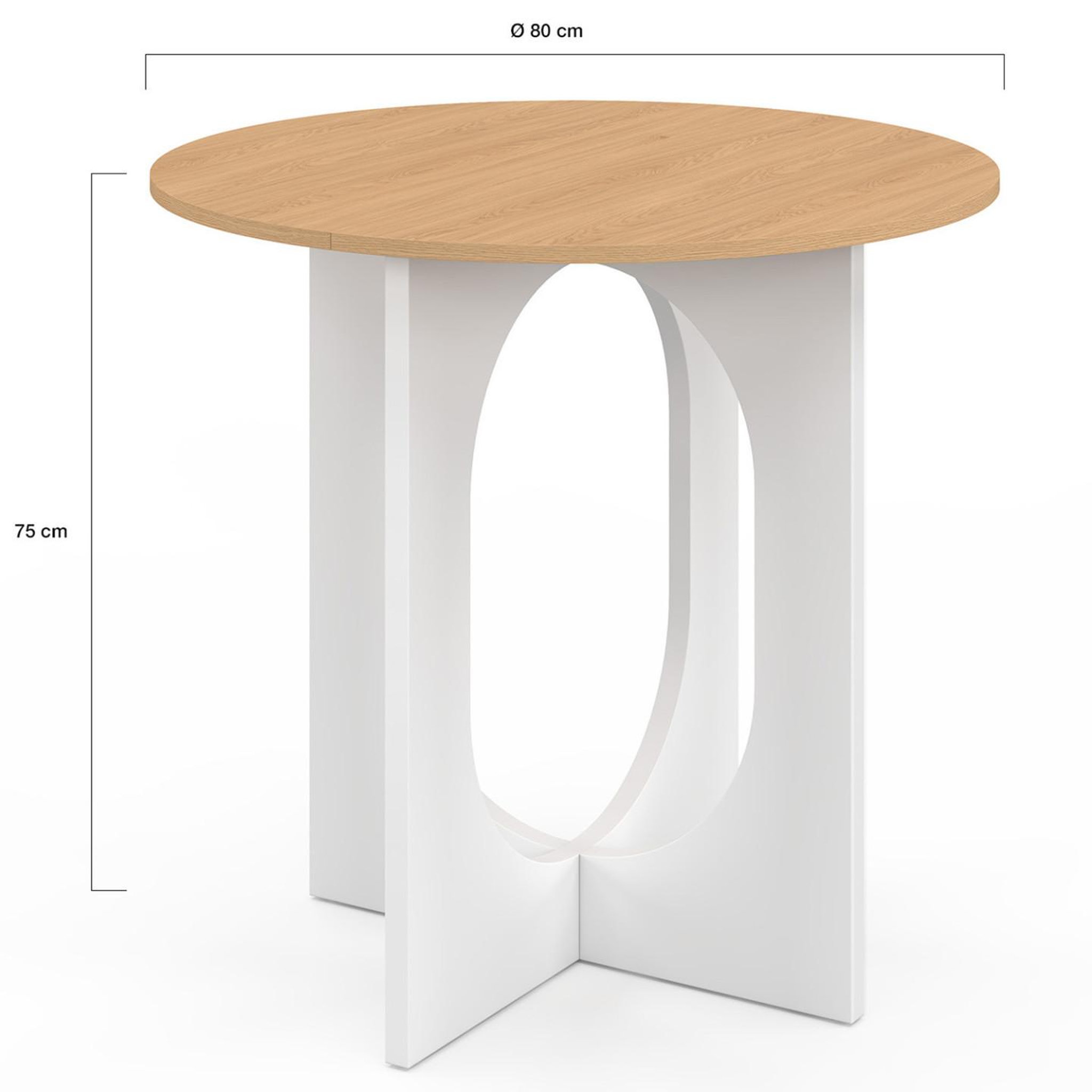 Voir la diapositive 4 : ID MARKET Table à manger fixe ronde aloise 4 personnes pied arc blanc et bois 80 cm
