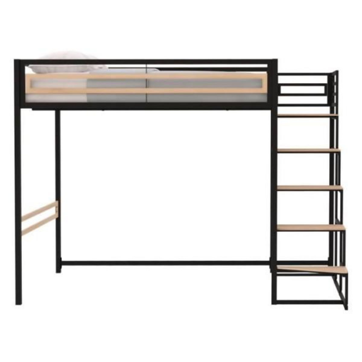MARKET24 Lit mezzanine LEON - 140x190 cm - Métal noir - Sommier inclus