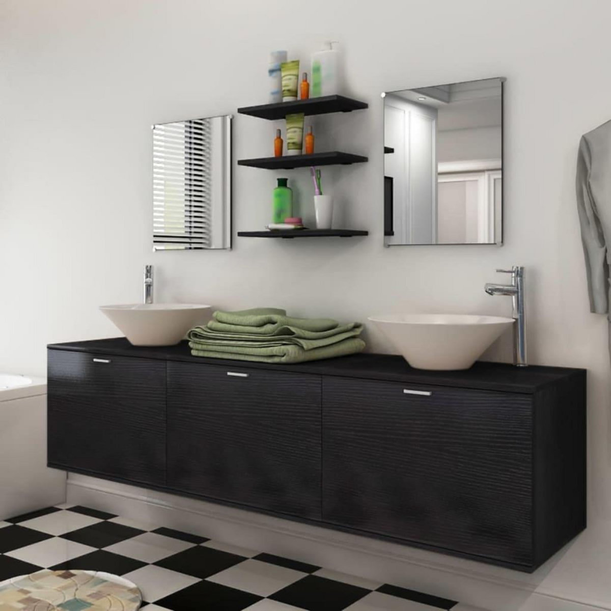 VIDAXL Dix pieces pour salle de bains avec lavabo et robinet noir