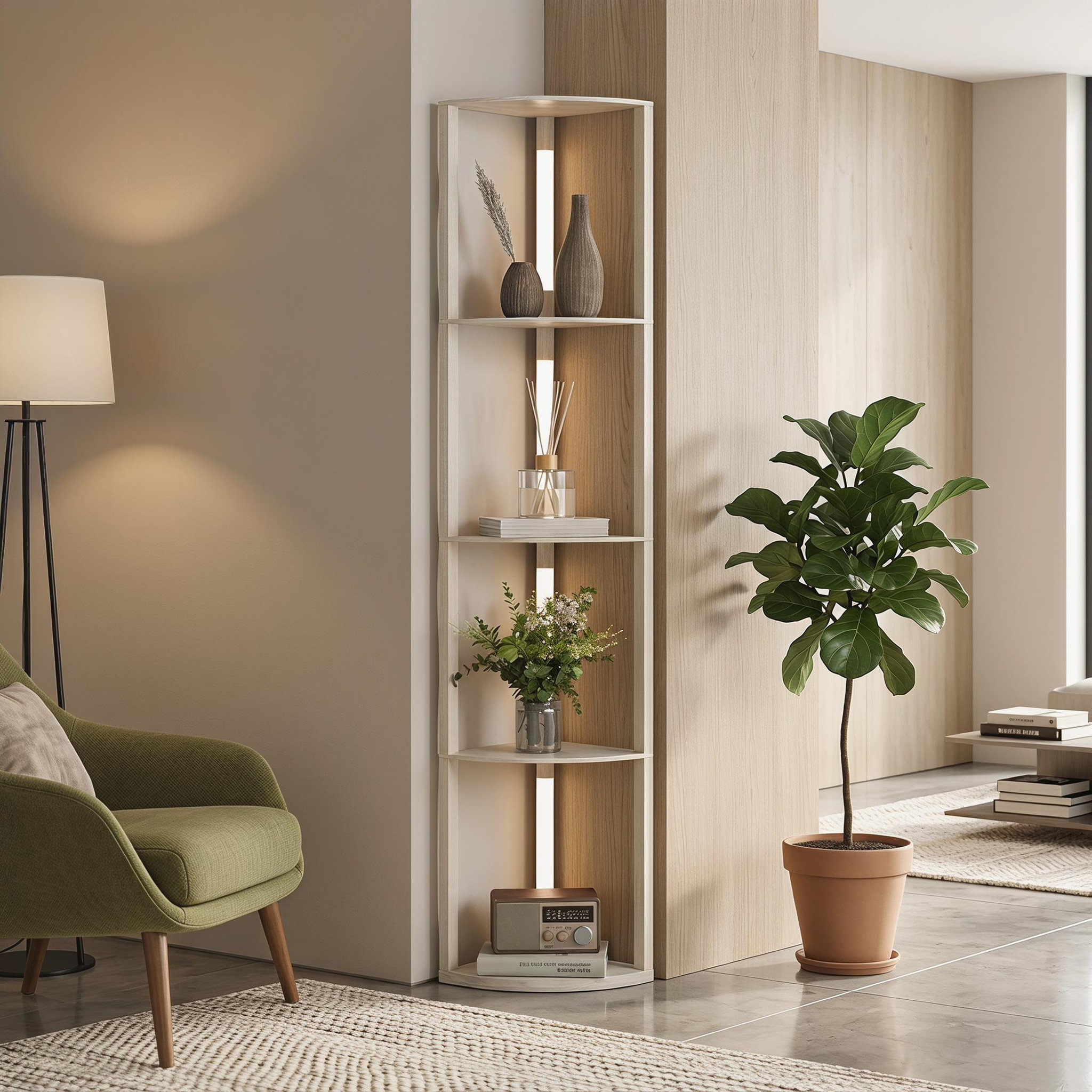 Voir la diapositive 2 : HOMCOM Lampadaire étagère led d'angle réglable 4 niveaux design bois clair
