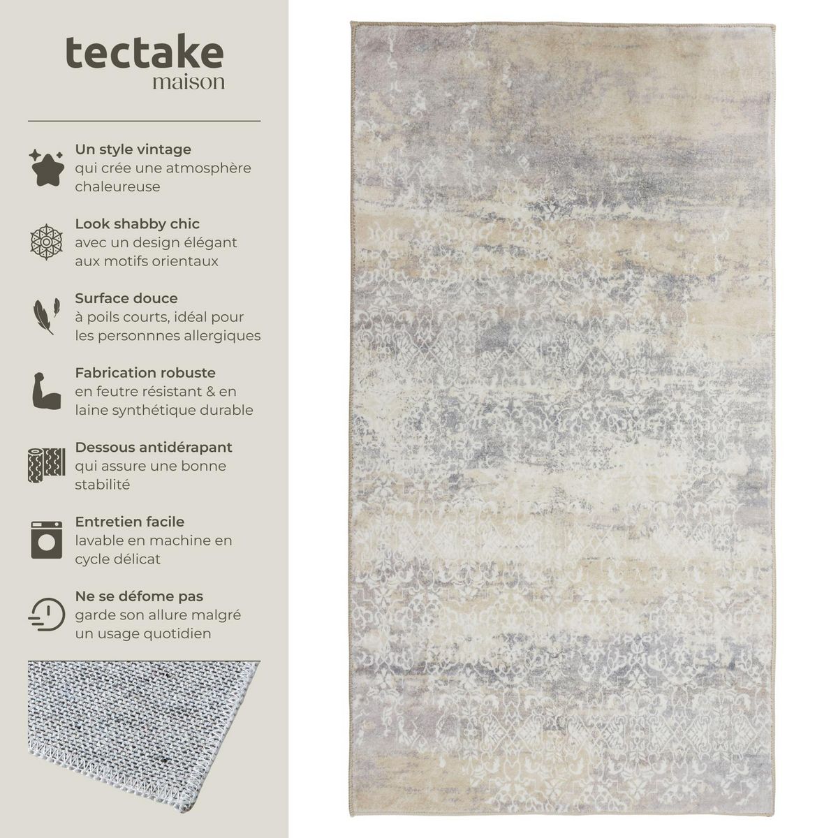 tectake Tapis design vintage à poils courts en laine synthétique et feutre beige 60 x 110 cm