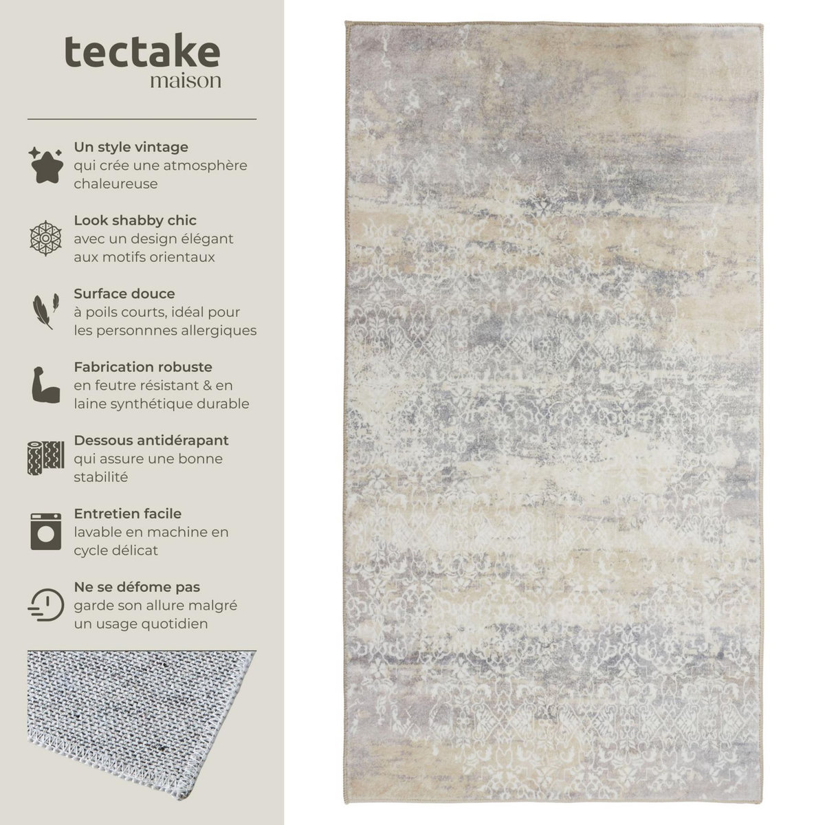 tectake Tapis design vintage à poils courts en laine synthétique et feutre beige 60 x 110 cm